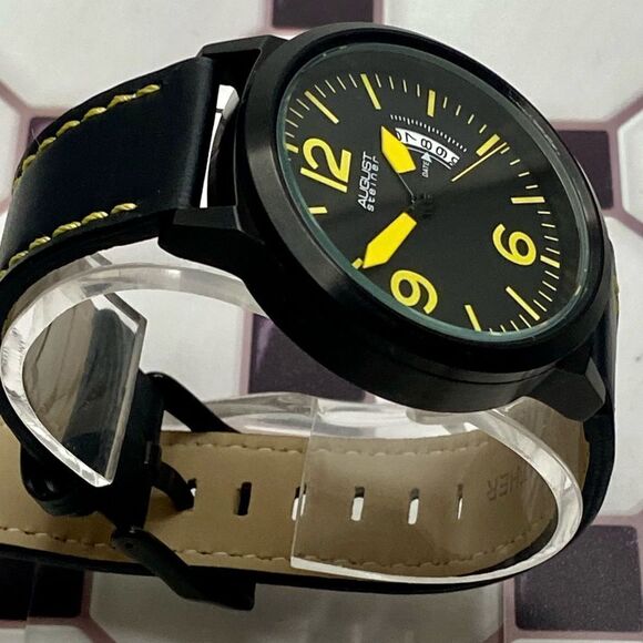 August Steiner Bold Black & Yellow Watch Leather Strap Contrast Stitching - Picture 5 of 16